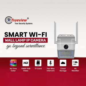 Image of a Trueview Smart Wi-Fi Wall Lamp IP Camera with features highlighted.
