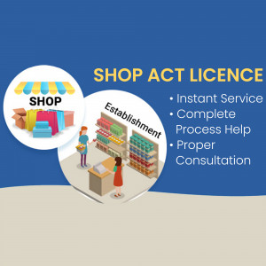 Image depicting Shop Act Licence services with a shop illustration and text highlighting instant service and complete process help.