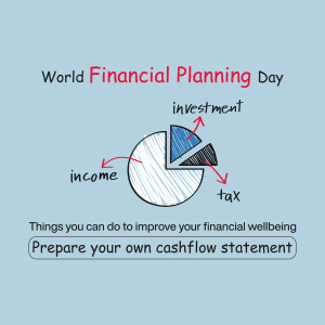 Illustration for World Financial Planning Day featuring a pie chart and financial terms.