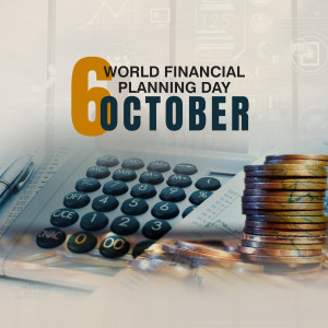 Image promoting World Financial Planning Day with a calculator and coins.