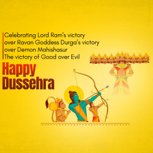 Illustration depicting Lord Ram shooting an arrow with Hanuman and Lakshmana, celebrating Dussehra.