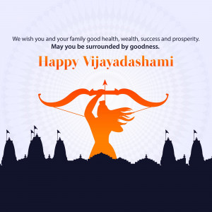 Vijayadashami greeting with a silhouette of a person with a bow and arrow.