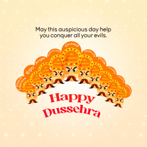 Illustration of Ravana's heads representing vices with 'Happy Dussehra' text.