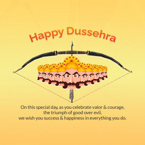 Illustration of a bow and arrow with Ravana's multiple heads, celebrating Dussehra