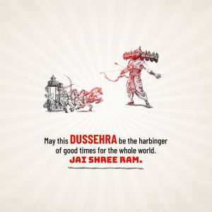 Illustration of Lord Rama aiming an arrow at Ravana during Dussehra, with Arjuna and Krishna in a chariot.
