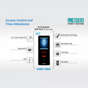 Matrix COSEC ARGO biometric access control and time attendance system with features listed.