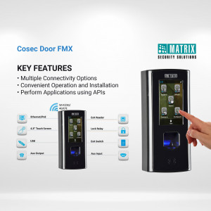 Matrix COSEC Door FMX biometric access control reader with key features highlighted