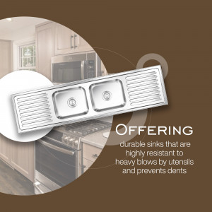 Stainless steel double bowl kitchen sink with a kitchen background