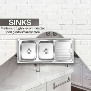 Double bowl stainless steel kitchen sink with drainboard