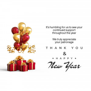 Golden and red balloons and gift boxes with a 'Thank You' message and 'Happy New Year' wishes.