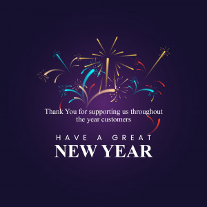 Fireworks display with a New Year's greeting and thank you message.