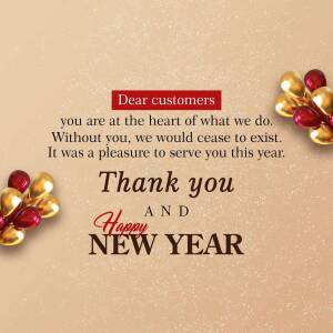 New Year thank you message to customers with gold and red floral decorations.