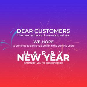 New Year greeting card with fireworks and text thanking customers.