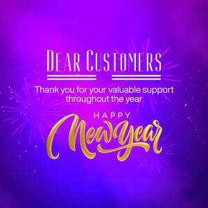 New Year greeting card with text 'Dear Customers, Thank you for your valuable support throughout the year. Happy New Year' and fireworks.