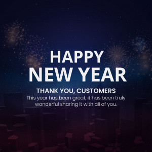 New Year celebration with fireworks over a city skyline and a thank you message to customers.
