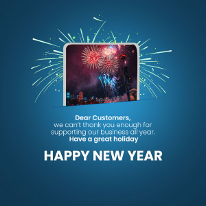 New Year's greeting with fireworks display on a phone screen and a thank you message to customers.