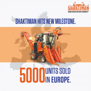 Shaktiman harvester machine with text announcing 5000 units sold in Europe.