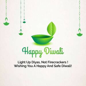 Diwali greeting with a green diya and text promoting a safe and eco-friendly Diwali.