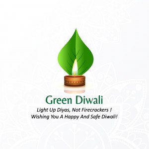 A green leaf shaped like a flame with a lit diya and the text 'Green Diwali'