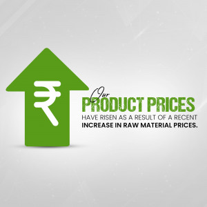 Green arrow pointing up with Indian Rupee symbol and text about price increase.