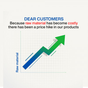 Image displaying a price increase notification due to rising raw material costs, with an upward trending graph.