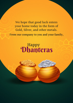 Dhanteras greeting with gold and silver coins and pots