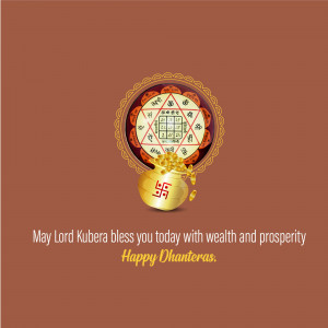 Image depicting Lord Kubera's Yantra with gold coins and a blessing for wealth and prosperity on Dhanteras.