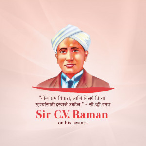 Portrait of Sir C.V. Raman with a quote and text celebrating his birth anniversary.