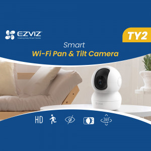 EZVIZ TY2 Smart Wi-Fi Pan & Tilt Camera in a living room setting