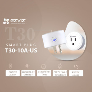 EZVIZ T30 Smart Plug with US outlet, showcasing remote control and energy saving features.