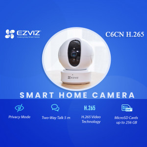 White EZVIZ C6CN H.265 Smart Home Camera on a blue background
