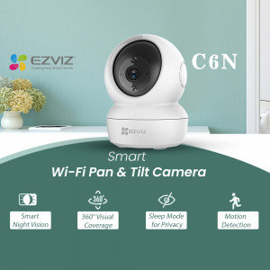 EZVIZ C6N Wi-Fi Pan and Tilt Camera on a shelf with plant