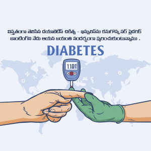 Image depicting diabetes testing with a blood glucose meter and a world map in the background.