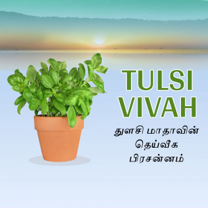 Tulsi plant in a pot with text 'Tulsi Vivah' and Tamil script