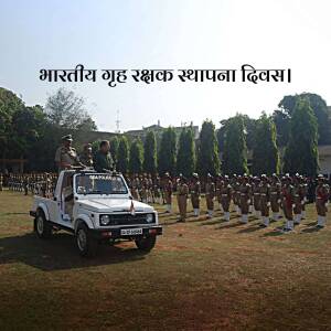 Indian Home Guard personnel in formation with an officer in a vehicle