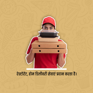 Delivery person holding food containers and pizza boxes