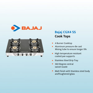 Black glass cooktop with four burners by Bajaj