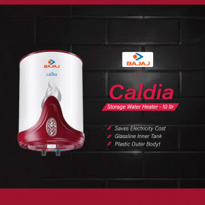 Bajaj Caldia 10L Storage Water Heater against a dark brick wall