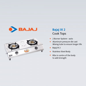 Silver Bajaj IX 2 two-burner cooktop with product features listed.