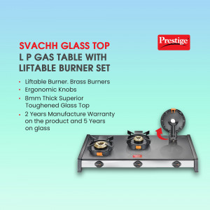 Prestige Svachh Glass Top 3 Burner Gas Stove with Liftable Burner Set