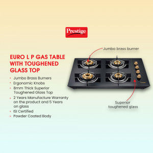 Prestige Euro LP Gas Table with 4 Brass Burners and Toughened Glass Top