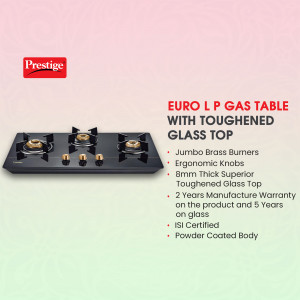 Black Prestige gas stove with three burners and a toughened glass top
