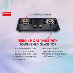 Prestige Euro LP Gas Table with Jumbo Brass Burners and Toughened Glass Top