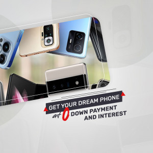 Multiple smartphones displayed with a promotional offer for 0% down payment and interest.