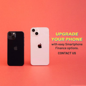 Two iPhone 13 phones, one black and one white, with text promoting phone upgrades and finance options.