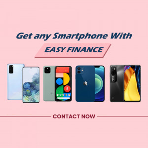Various smartphones displayed with text promoting easy finance options.