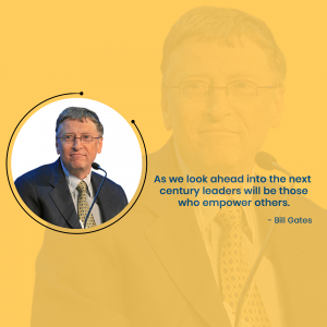 Portrait of Bill Gates with a motivational quote about leadership.