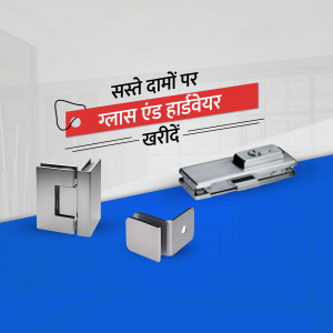 Image of glass and hardware components with a promotional banner in Hindi.