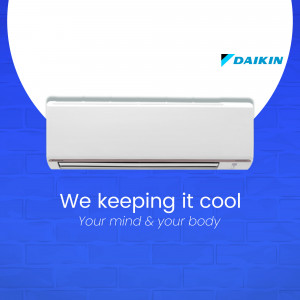 Daikin air conditioner unit mounted on a brick wall with the tagline 'We keeping it cool'