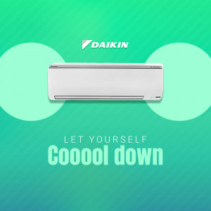 Daikin air conditioner unit against a gradient green background with the tagline 'Let Yourself Coooool Down'